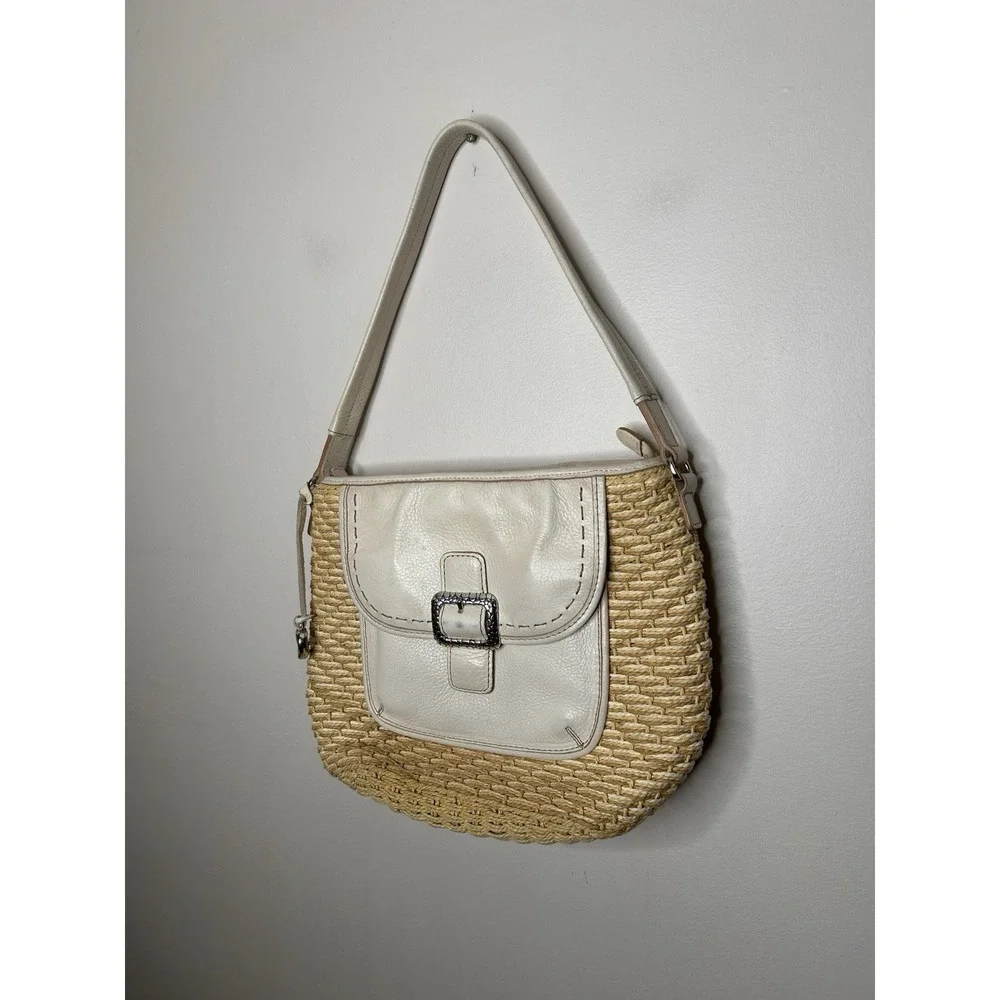 Brighton Woven Straw & Ivory Leather Shoulder Bag Buckle Accent Heart Charm